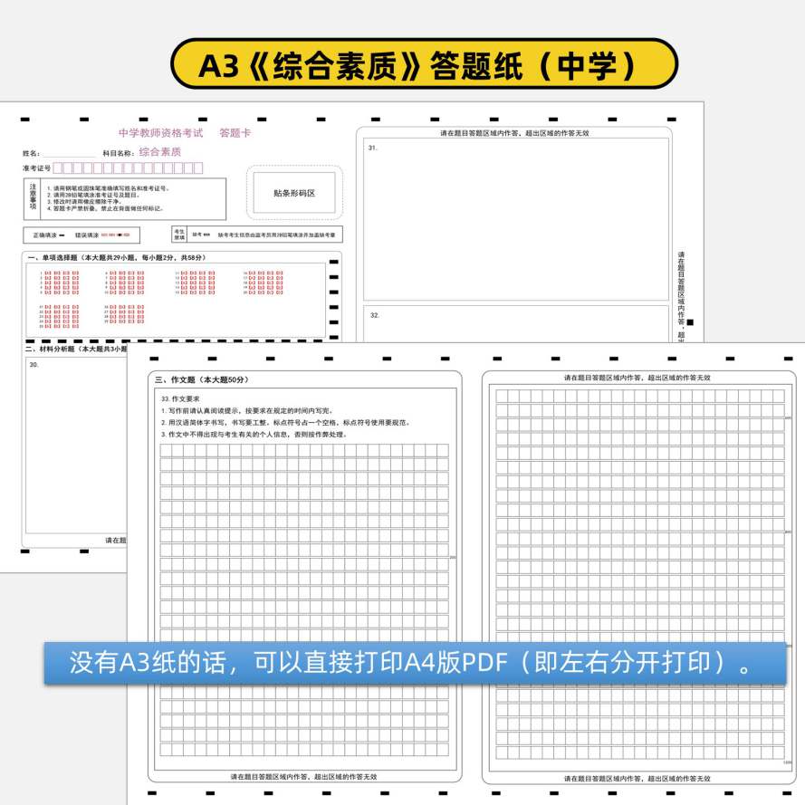 中学教师资格综合素质及教育知识与能力a3&a4答题卡+作文纸a3电子打印版2