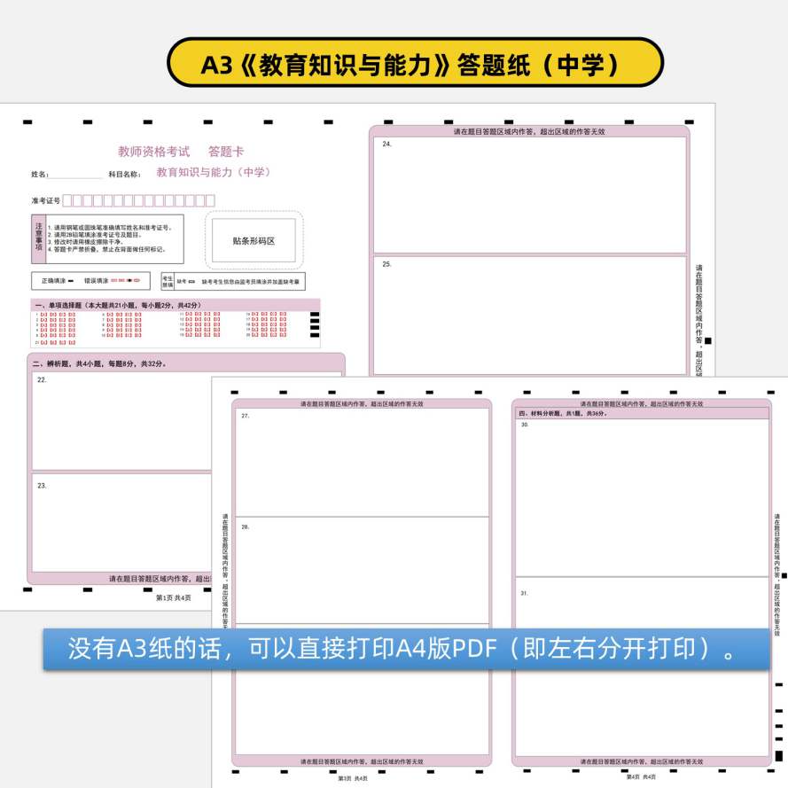 中学教师资格综合素质及教育知识与能力a3&a4答题卡+作文纸a3电子打印版3