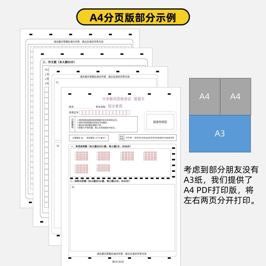 中学教师资格综合素质及教育知识与能力a3&a4答题卡+作文纸a3电子打印版4